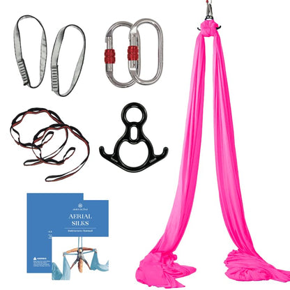 Aerial Silks Starter Kit, 9 Yards, Aerial Yoga Hammock, Hardware | Knitted fabric with pose guide, for aerial yoga, gymnastics, silk swing, stretching and home gym use, suitable for all levels - color: Hot Pink