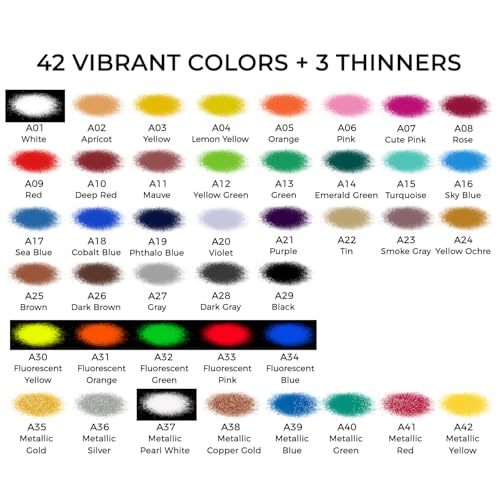 Airbrush Paint, ARTME 42 Colors with 3 Thinner, Ready to Spray, Opaque & Water Based Acrylic Airbrush Paint Set Including Metallic & Neon Colors, Premium Air brush Paints for Metal, Models, Plastic, Canvas, and Wood