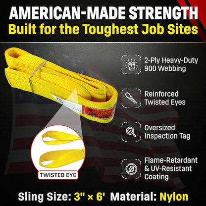DD Sling (USA Made). 3" Widths by 6' to 20' Lengths in Listing, 2 Ply Twisted Eye, Nylon Lifting Slings, Eye & Eye, 8,900 lbs Vert, 7,200 lbs Choker, 17,800 lbs Basket Load Capacity (3" x 6') - size: 3 in x 6 ft
