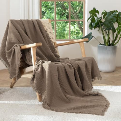 MooMee 100% Cotton Muslin Blanket, Fringed 4-Layer Gauze Bed Couch Throw - color: Brown, size: Throw