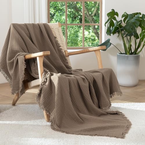 MooMee 100% Cotton Muslin Blanket, Fringed 4-Layer Gauze Bed Couch Throw - color: Brown, size: Twin XL
