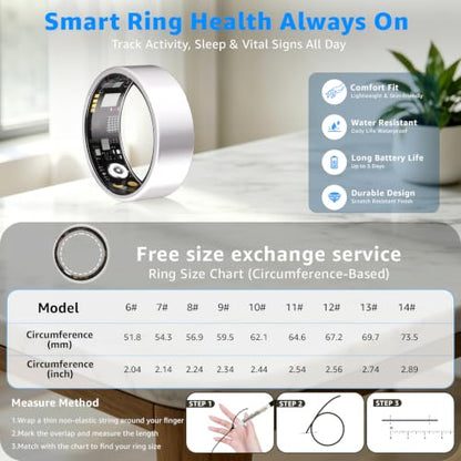Smart Ring No Subscription, Health Tracker Ring for Women (Silver, 9#) | Tracker Sleep, Blood Oxygen, Heart Rate, SpO2, HRV Stress, Step Counter, IP68 Waterproof, Compatible with iOS & Android - color: Silver, size: 9#