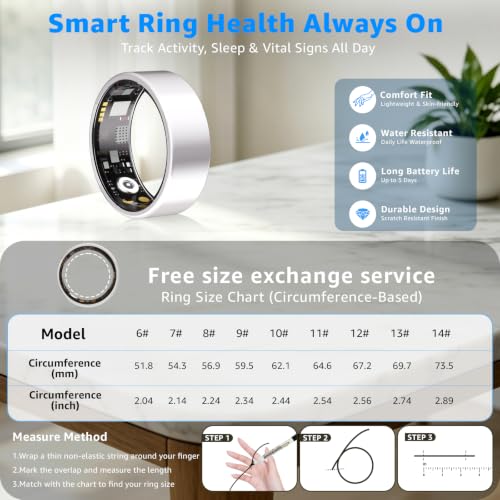 Smart Ring No Subscription, Health Tracker Ring for Women (Silver, 9#) | Tracker Sleep, Blood Oxygen, Heart Rate, SpO2, HRV Stress, Step Counter, IP68 Waterproof, Compatible with iOS & Android - color: Silver, size: 9#