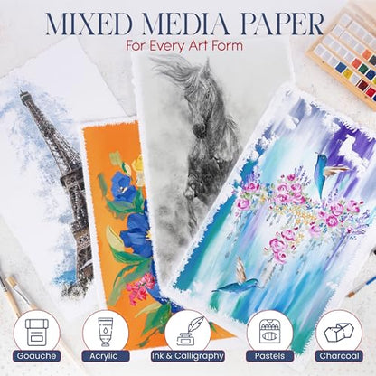 Wanderings Thick Handmade Watercolor Paper with Deckled Edge - 11x17-500GSM Premium White Cold-Pressed Textured Mixed Media Paper Made with Recycled Cotton - 15 Loose Leaf Sheets - color: White, size: 11x17 inches