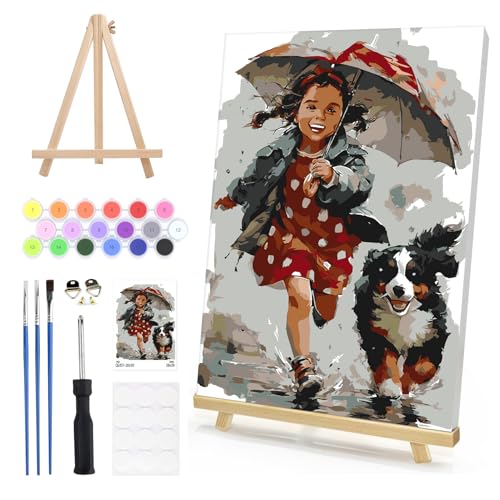Paint by Numbers Kit for Adults Framed with Wooden Easel, Cute Girl with an Umbrella, Adults' Paint-by-Number Kits on Canvas Running in the Rain, DIY Oil Painting Kit for Home Wall Decor 8x12 Inch - color: red-girl
