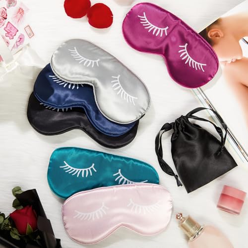 Jecery 6 Pieces Silk Sleep Eye Masks Soft Eye Masks Adjustable Blindfold Eyeshade Sleep Eye Cover Smooth Sleeping Masks with Storage Bag for Women Men Sleep Travel Nap