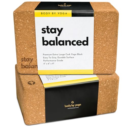 Cork Yoga Blocks 2 Pack – Premium Cork Grain, Highly Stable, Chip Resistant | Extra Large 4" x 6" x 9", No Wobble, Heavy Duty, Durable, Crumble-Free, Comfort Edges, Artisanally Crafted, Yoga Strap Set - color: Stay Balanced