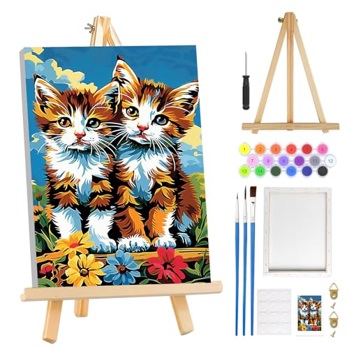 MOGTAA Paint by Numbers Kit for Adults with Frame, Cat Paint by Number Canvas, Flowers Scenery Paint by Numbers with Easel, DIY Animal Oil Painting Kit for Home Wall Decor 8 x 12 Inch - color: Cat
