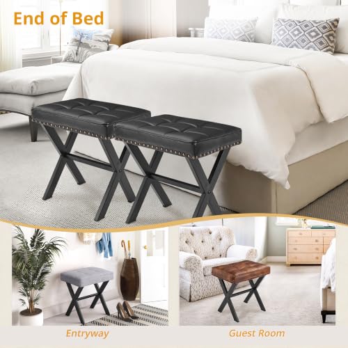 LUE BONA Vanity Stool - Square Faux Leather Makeup Seat With Metal X Legs, Small Ottoman Chair for Makeup Room, Living Room - Modern Padded Foot Rest, Black - color: Black