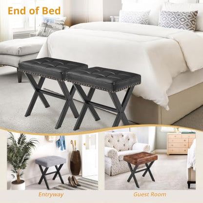 LUE BONA Vanity Stool - Square Faux Leather Makeup Seat With Metal X Legs, Small Ottoman Chair for Makeup Room, Living Room - Modern Padded Foot Rest, Black - color: Black