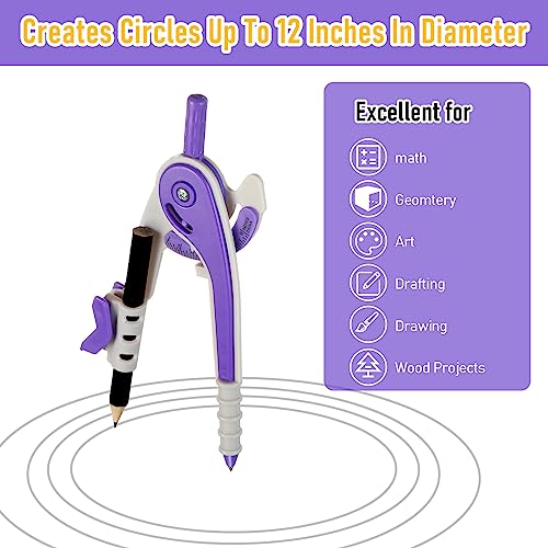 EBOOT Student Geometry Math Set, Drawing Compass and 6 Inch Clear Swing Arm Protractors 180 Degree Math Protractor (Purple) - color: Purple