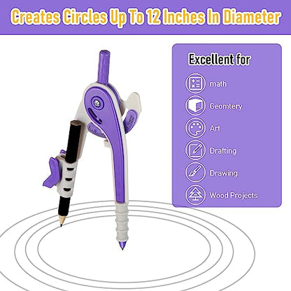 EBOOT Student Geometry Math Set, Drawing Compass and 6 Inch Clear Swing Arm Protractors 180 Degree Math Protractor (Purple) - color: Purple