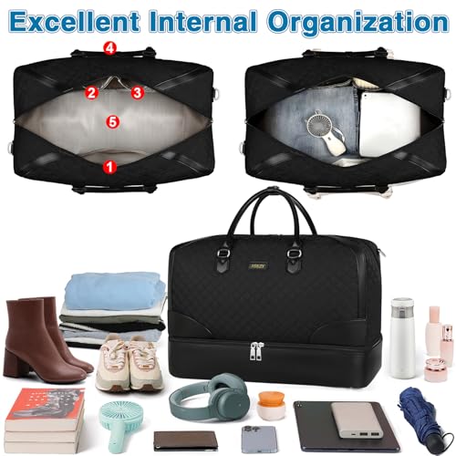 ITIEZY Weekender Bag for Women 21.5" Travel Duffel Large Carry On Bag 3PCS | Nylon Duffel Bag with Waterproof Shoe Compartment, Crossbody Bag and Toiletry Bag, Travel Weekend Hospital Overnight Gym Bag - color: 9-black