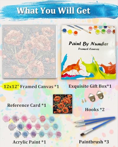 TOCARE Framed Paint by Numbers Kit for Adults Beginners, 12x12inch Red Poppy Paint by Number with Frame,Easy Flowers Paint by Numbers Framed Canvas (Without Easel) - color: TC-F-222