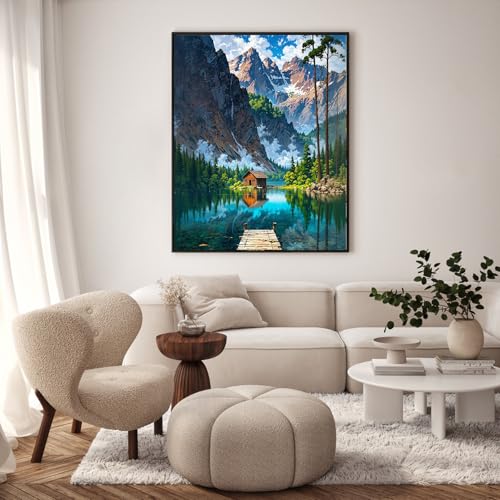GEEHEIY Paint by Numbers Kit for Adults, Mountain Lake Cabin, 16 x 20 Inch | DIY Adult Paint by Number Kit on Canvas for Beginners, without Frame, Nature Wall Decor, Stress Relief Craft Gift - color: TRTDNF1P309