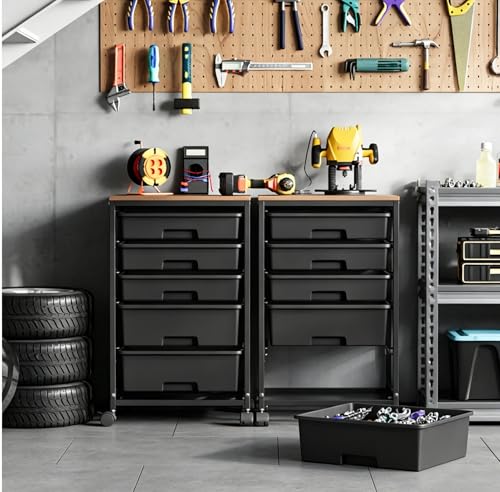 SYKIARIOL 5-Tier Rolling Cart with Drawers with Wooden Top, Black | Mobile Craft Storage Drawer Cart Trolley for Home Office, Classroom, Craft Room & Kid Room - color: Black