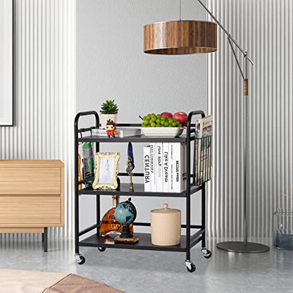 HDANI 3 Tier Metal Rolling Utility Cart,High Capacity Multi Purpose Heavy Duty Cart for Office,Kitchen,Living Room,Bedroom,Black - color: Black, size: Large Solid with Basket