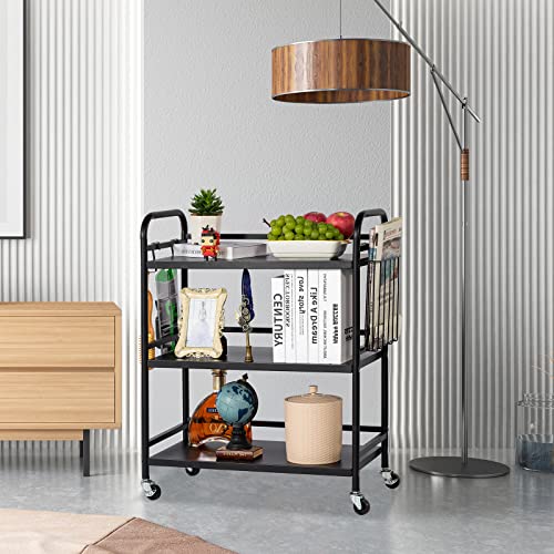 HDANI 3 Tier Metal Rolling Utility Cart,High Capacity Multi Purpose Heavy Duty Cart for Office,Kitchen,Living Room,Bedroom,Black - color: Black, size: Large Solid with Basket