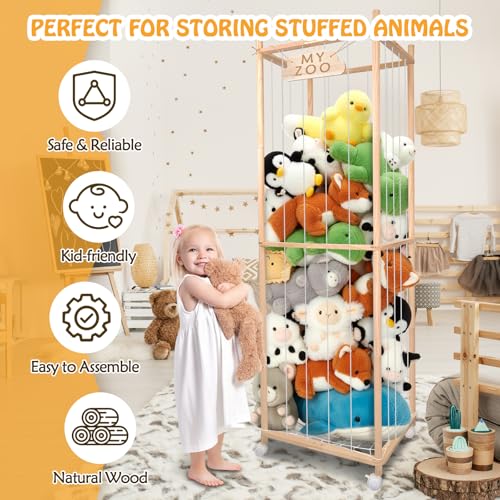 Stuffed Animal Storage Zoo with Wheels, 64" Wooden Large - color: Wooden