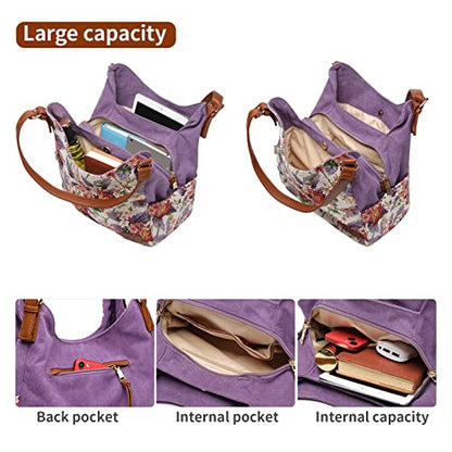 Worldlyda Women Canvas Hobo Purse Multi Pocket Tote Shopper Shoulder Bag Casual Top Handle handbag with Embroidery Ethnic - color: Be06purple Flower