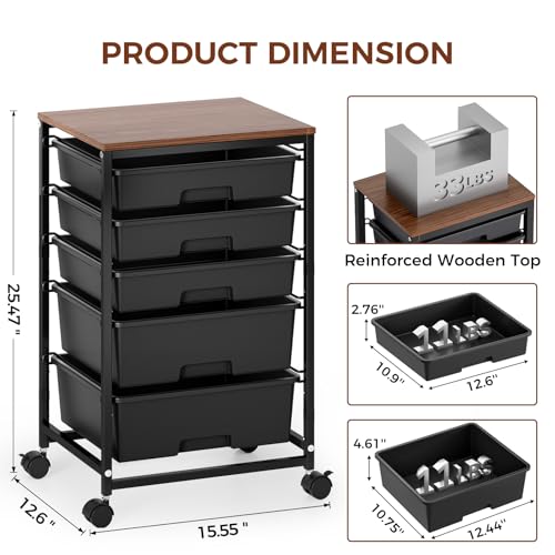 SYKIARIOL 5-Tier Rolling Cart with Drawers with Wooden Top, Black | Mobile Craft Storage Drawer Cart Trolley for Home Office, Classroom, Craft Room & Kid Room - color: Black