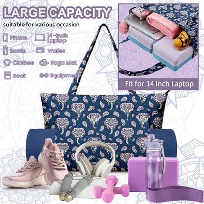 Yoga Bag for Women, Large Canvas Yoga Mat Tote Bag with Yoga Mat Carrier | Large Mat Pocket Fitness Tote for Pilates, Gym, Travel, Office & Beach - color: Blue Elephant