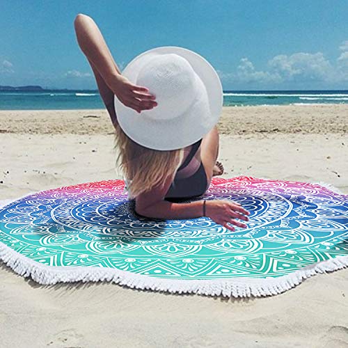Oversize Round Mandala Beach Towel Blanket, Circle Microfiber Bohemian Boho Quick Dry Super Water Absorbent Towel, Hippy Gypsy Yoga Mat Picnic Table Mediation Throw Tapestry with Tassel Ultra ,59” - color: Green Pink Mandala Beach Towel