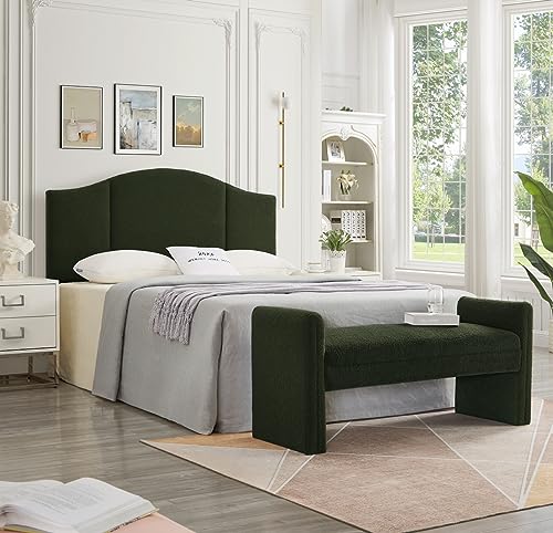 24KF Modern Upholstered Bed Bench Covered with Soft Boucle Teddy Fabric, Lovely Entryway Bench Ottoman with Armrest,5062-Dark Green - color: Dark Green Teddy Bench