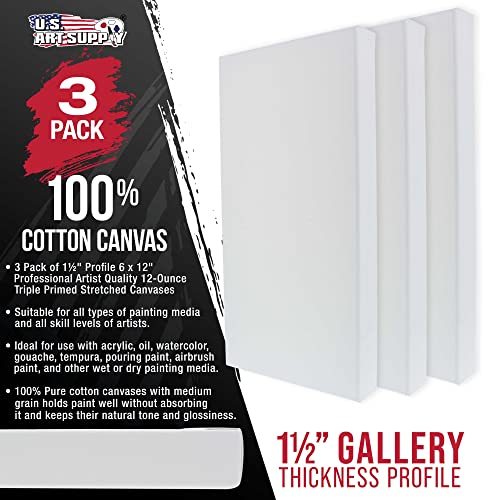 U.S. Art Supply Long Stretched Canvas for Painting 6x12 inch Gallery Depth 1-1/2" Thick, 3-Pack - 12oz Acrylic Gesso Triple Primed, Professional Artist Quality, 100% Cotton - Pouring, Oil Paint - size: 6" x 12"