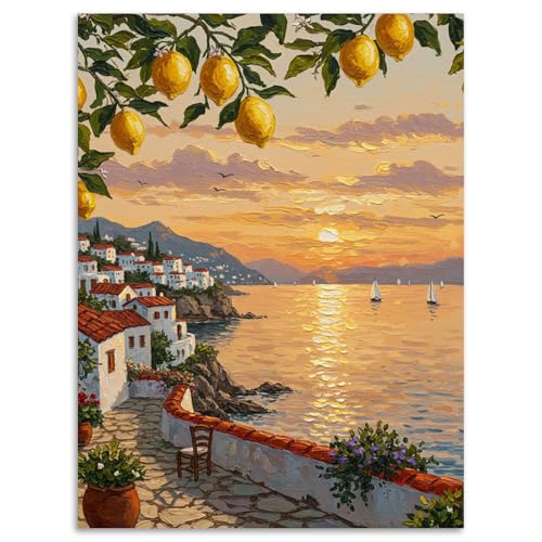 Lemon Tree Diamond Art Kits for Adults Beginners 12x16 in, DIY Craft Gift | Seaside Town Diamond Painting Kits for Adults, Stress Relief, Home Wall Decor, 5D Full Round Drill Gem Art - color: DP-US06