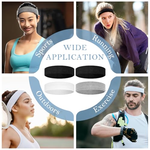 4 Pack Cotton Terry Sweat Headbands for Men Women Running Gym - color: Black/Gray/White