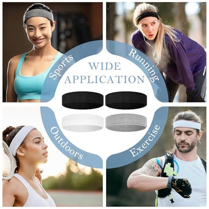 4 Pack Cotton Terry Sweat Headbands for Men Women Running Gym - color: Black/Gray/White