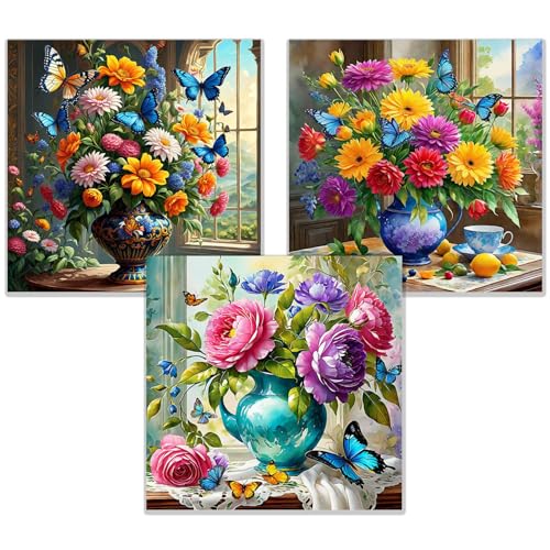 OFRKE Diamond Painting Kits for Adults,3 Pack Flower Vase Diamond Art for Beginners, Diamond Round 5D Full Drill Paint with Diamonds Pictures Gem Art Painting Kits DIY Crafts Kits 12x12inch - color: 3pcs-Flower Vase