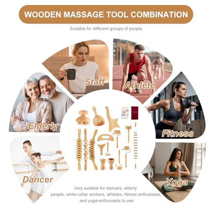 16Pcs Wood Therapy Massage Tools Set, Maderoterapia Massage Kit with Wooden Gua Sha Tools, Body Sculpting & Lymphatic Drainage Massager, Muscle Relaxation Roller for Face, Back, Legs & Full Body - color: 16pcs