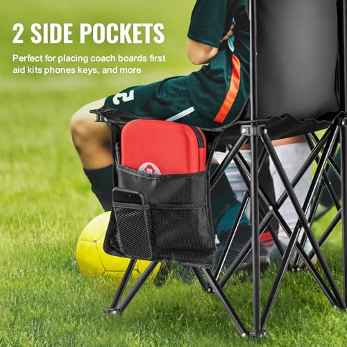 VEVOR Portable Folding B ench, 6 Seats Foldable Sideline B ench, Outdoor Camping Bench Chair with Carry Bag & Backrest, Team Sport Sideline B ench, No Assembly Instant Seating, Black | Lightweight Foldable Sideline Seating with Side Pockets, Carrying Bag,