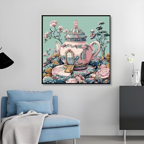 Paint by Numbers Kit for Adults Beginners, Teapot House Adult Paintby Number Kits On Canvas, DIY Acrylic Watercolor Oil ColorfulPainting by Number for Adults Without Frame for Home Decor 16 x16 Inch - color: MT22783