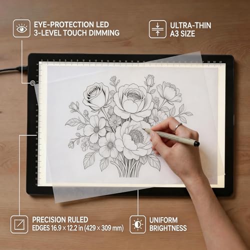 BEONEGLOBAL Letter Size 16.9" × 12.2" A3 Ultra-Thin Light Box for Slide Viewing, LED Copy Board Film Negative Scanning, and Artist Tracing, with 3 Adjustable Bright