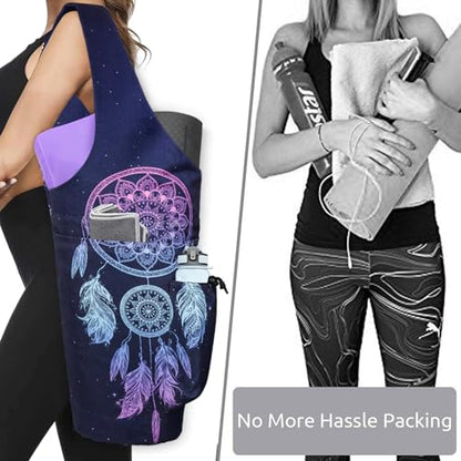 Yoga Mat Bag - Large Opening Long Tote Yoga Mat Carrier Holder Bag with Waterproof Wet Zipper Pocket and Drawstring Water Bottle Pocket - Yoga Bag Fit Most Size Mats - color: Dreamcatcher