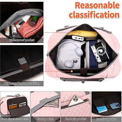 Weekender Bag, Large Travel Duffel Bag for Women, Carry on Overnight Bag with Shoe Compartment and Toiletry Bags - color: Pink-Grey