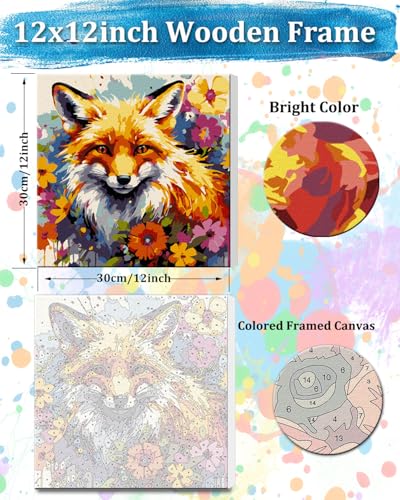 TOCARE Framed Paint by Numbers Kit for Adults & Kids Ages 8-12, 12x12Inch Red Fox Paint by Numbers with Frame, Fox Paint by Number Framed Canvas for Animal Lovers (Without Easel) - color: TC-F-371