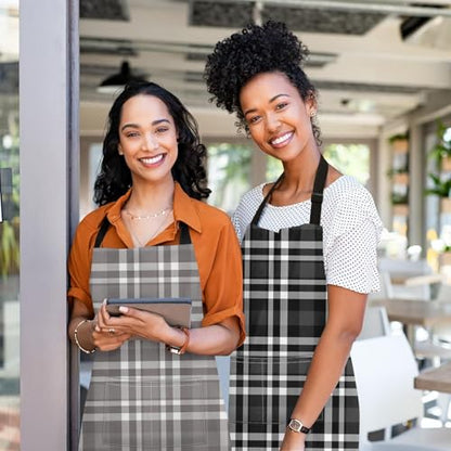 Apron with Pockets, 32x28 inch, 2 Pack, Plaid | Black Grey Grid Geometric Adjustable Bib with Pockets for Women Men Couple Lovers Chef Home Baking Gardening - color: Black Gray