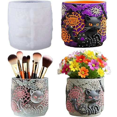 Gothic Cat Epoxy Resin Molds, 3D Halloween Silicone Candle Molds | Spooky Spiderweb Resin Casting Molds for Concrete, Makeup Brush Holder, Planter, Candle Holders, Plaster, Gifts, Home Decor - color: Cat Resin Mold