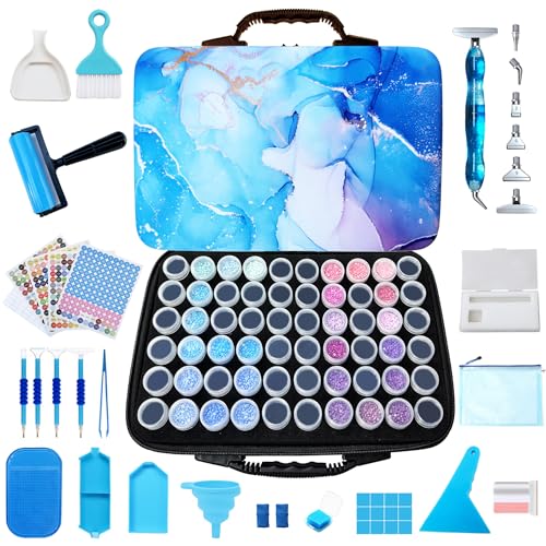 Muzagroo Art Diamond Painting Storage Containers 120 Slots Diamond Art Storage Box with Accessories and Tools for Handcrafts Portable Shockproof Organizer Case for Diamond Painting L (Blue-Deluxe Set) - color: Blue-Deluxe Set, size: 120 Jars