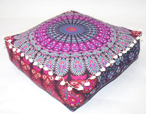 CK 40.6x40.6x12.7cm(16x16x5인치) 정사각형 바닥 쿠션 커버, 핑크 공작 만다라 푸프 커버, 면 오토만 베개 커버, 거실, 침실 및 요가용 보헤미안 장식 명상 바닥 베개 커버(커버만 해당) - color: 핑크, size: 16"D x 16"W x 5"H