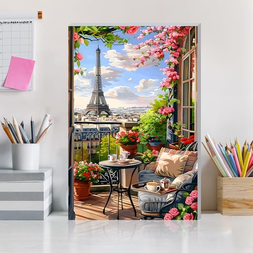 DOMROM Framed Paint by Numbers Eiffel Tower for Adults Beginners, Adult Paint by Number Kits Landscape on Canvas, Acrylic Number Painting Craft Kits for Gift Home Decor 8x12in - color: OMQ067