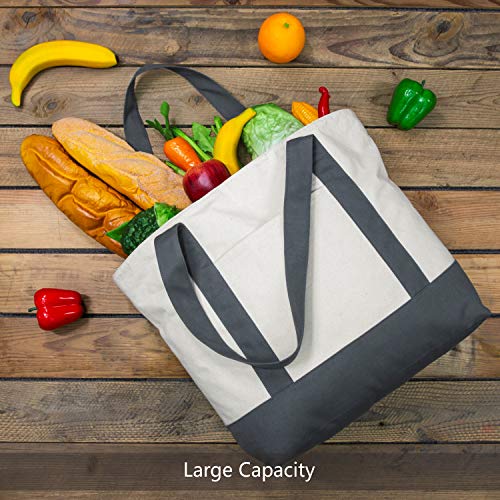 TOPDesign 1-Pack Canvas Tote Bag with an External Pocket, Reusable Grocery Shopping Bag, Top Zipper Closure, Daily Essentials (Grey/Natural) - color: Grey/Natural
