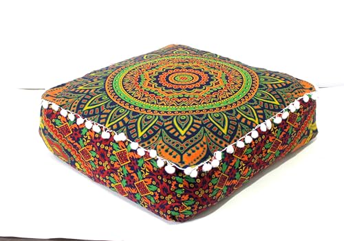 45.7x45.7x12.7cm(18x18x5인치) 정사각형 바닥 쿠션 커버, 뉴 블루 옴브레 만다라 푸프 커버, 면 오토만 베개 커버, 거실, 침실, 요가 및 홈 데코용 보헤미안 명상 바닥 쿠션 케이스 (커버만 해당) - color: 블루 색상, size: 18"D x 18"W x 5"H