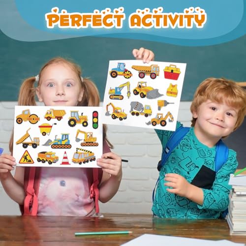 Labeol Diamond Art Kits for Kids Boys and Girls Ages 6-8-10-12 Easy to DIY Creative Diamond Art Sticker Craft by Numbers Kits for Kids and Adult Beginners (Engineering Vehicles) - style: Engineering Vehicles
