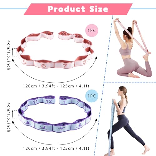 2PCS Elastic Yoga Stretching Strap with 12 Loops Stretch Resistance Exercise Bands for Yoga,Pilates,Dance,Rhythmic Gymnastics,Physical Therapy,Ballet Couple Style