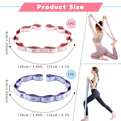 2PCS Elastic Yoga Stretching Strap with 12 Loops Stretch Resistance Exercise Bands for Yoga,Pilates,Dance,Rhythmic Gymnastics,Physical Therapy,Ballet Couple Style